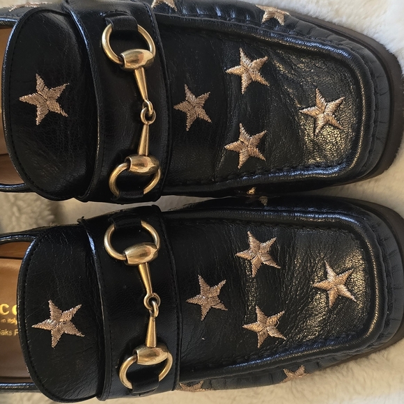 Black Leather Loafers with Gold Star Embroidery - Picture 1 of 8